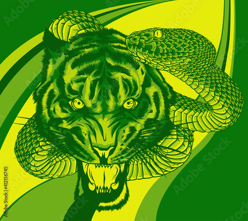 snake and tiger fighting, vector illustration art