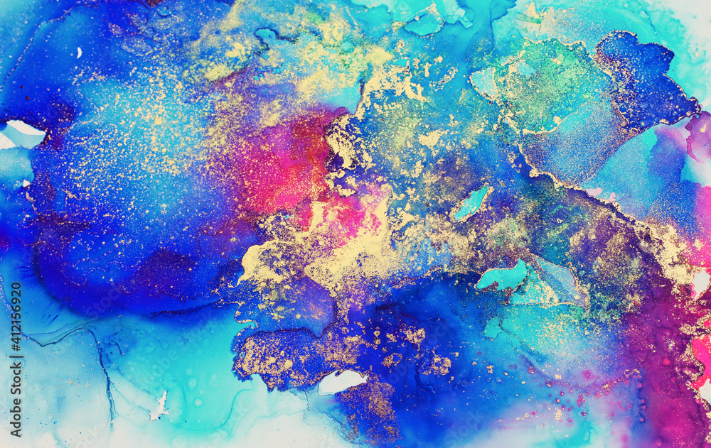 art photography of abstract fluid art painting with alcohol ink, blue, pink, purple and gold colors