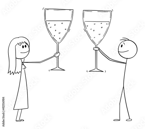 Man and woman or businessman celebrating success with big glasses of wine or champagne, vector cartoon stick figure or character illustration.
