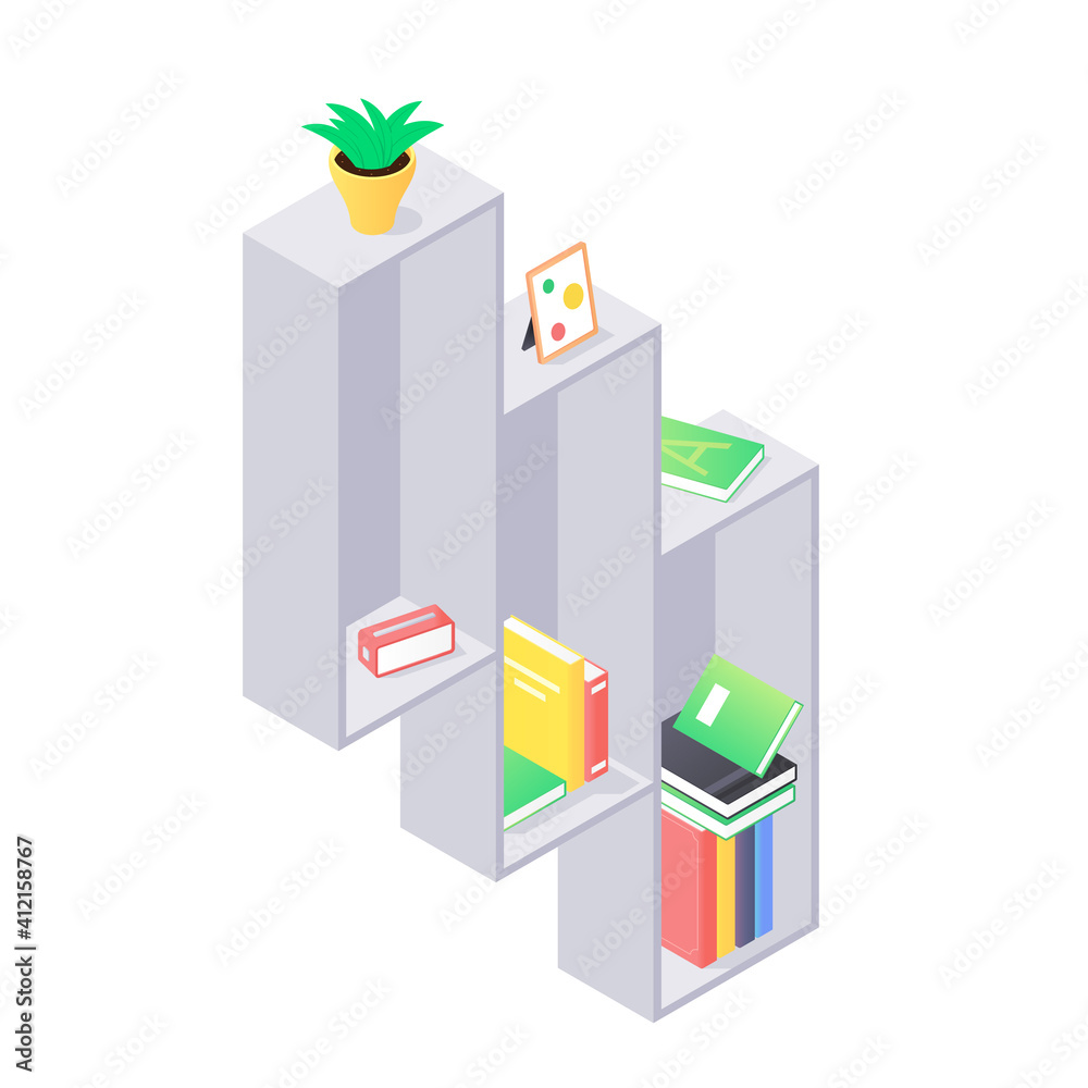 Books and chancellery on gray wooden bookshelf in isometric vector. Stacks of hard cover paper literature in shelf for education home or university interior. Rack with various home studying objects. Books and chancellery on gray wooden bookshelf in isometric vector. Stacks of hard cover paper literature in shelf for education home or university interior. Rack with various home studying objects.