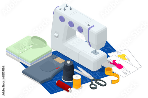 Isometric sewing workshop collection. Textile industry. Sewing accessories and fabric on a white background. Tailoring industry, fashion designer workshop, industry concept