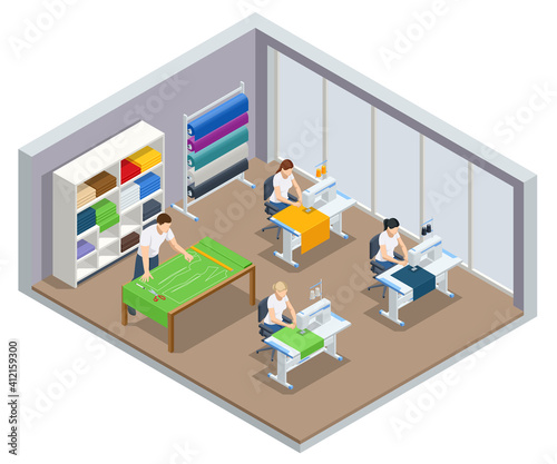 Isometric sewing workshop collection. Textile industry. Sewing accessories and fabric on a white background. Tailoring industry, fashion designer workshop, industry concept