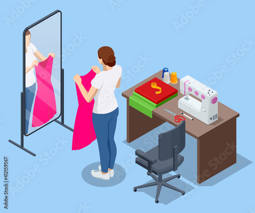 Isometric sewing workshop collection. Textile industry. Sewing accessories and fabric on a white background. Tailoring industry, fashion designer workshop, industry concept