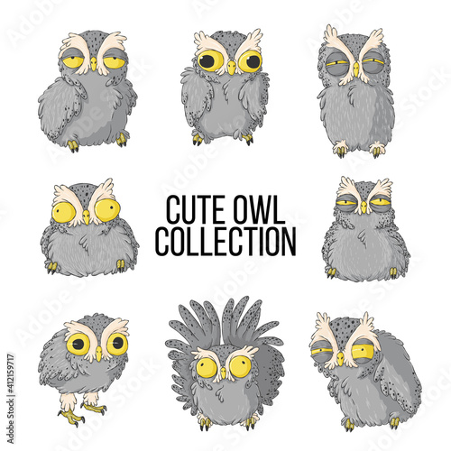 Owls illustration set. Collection with cute owls with various emotion in hand drawn cartoons style. Otus scops illustration bundle.