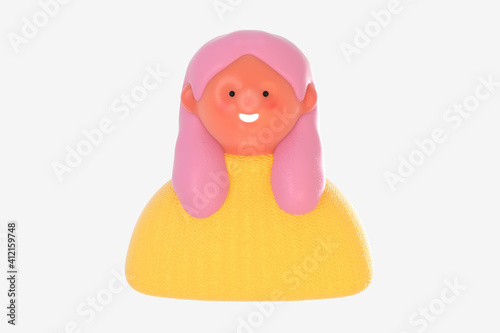 3D Bright people portrait - 3D render design concept illustration of a plastuc doll of a young woman, face and shoulders avatar. User picture volumetric icon