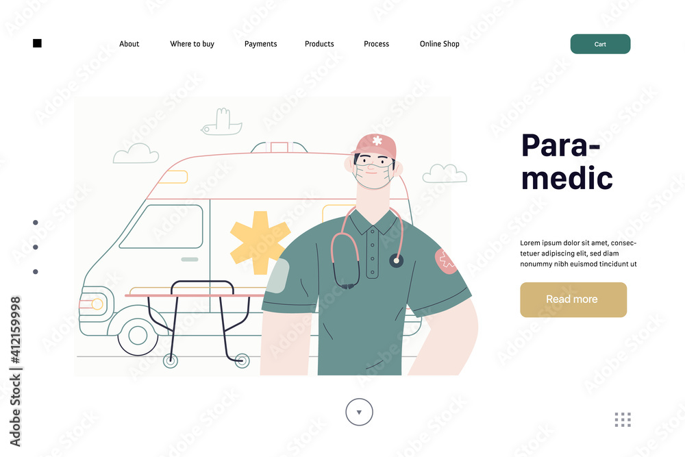 Medical insurance template -ambulance transport and emergency evacuation -modern flat vector concept digital illustration of a male paramedic and ambulance van. Medical service and insurance Medical insurance template -ambulance transport and emergency evacuation -modern flat vector concept digital illustration of a male paramedic and ambulance van. Medical service and insurance