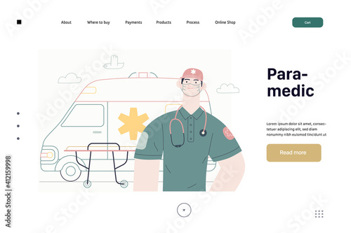 Medical insurance template -ambulance transport and emergency evacuation -modern flat vector concept digital illustration of a male paramedic and ambulance van. Medical service and insurance