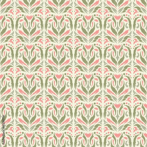 Seamless pattern with floral geometric ornament. Gently pink and green leaves, abstract flowers on a beige background. Infinitely repeating texture for fabrics, wallpapers, textiles. Vector image.