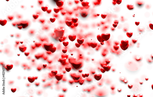 glittering red hearts on a white background, 3d rendering