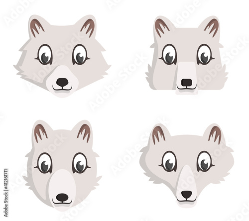 Set of cartoon arctic foxes. Different shapes of animal heads.