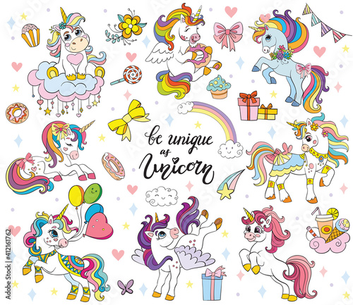 Set of cute cartoon unicorn vector illustration