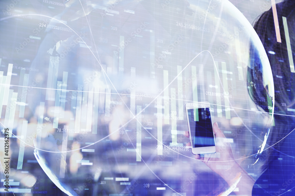 Double exposure of business theme sketch hologram and woman holding and using a mobile device. Double exposure of business theme sketch hologram and woman holding and using a mobile device.