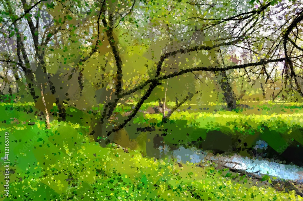 Artwork, oil paintings landscape, fine art, landscape with lake and trees, spring in the park