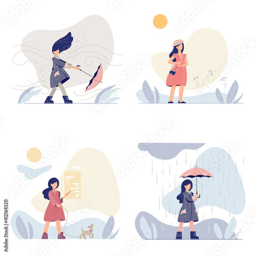 Vector set of 4 stylish girls in walking in different weather. Cute trendy young women walks outdoor. Windy, sunny, rainy. 