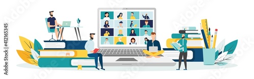 Home education concept. People study at home using a computer. Remote working. Video conference on laptop computer. Work from home and work from anywhere conceptVector illustration