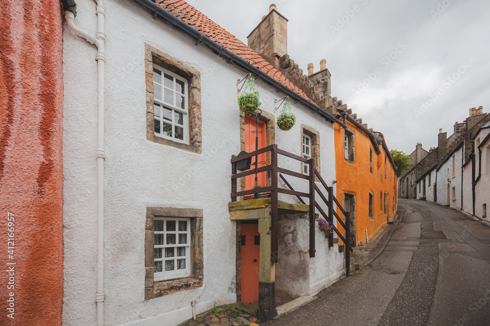 Quaint and picturesque harling homes in the small village of Culross, a popular filming location in Fife, Scotland.