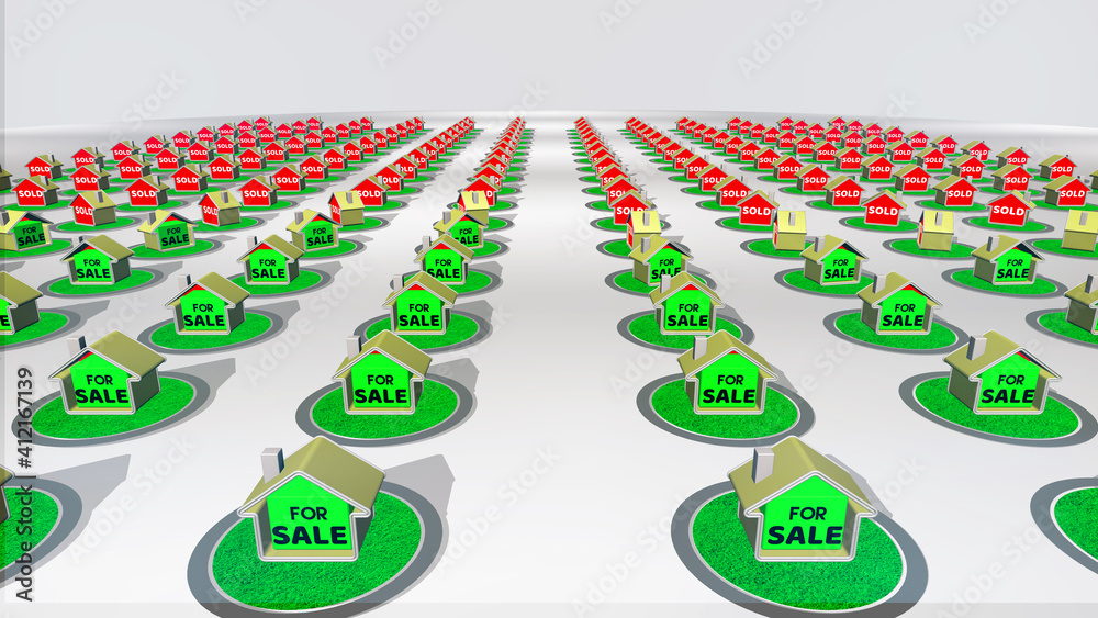 Obraz premium Real Estate House Sale, Real estate advertisement concept - Many set of houses animating tag from FOR SALE to SOLD