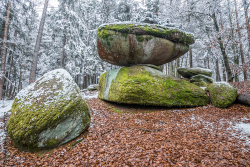 Wackelstein bei Thurmansbang Megalith Granit Felsen Formation im Winter im bayerischen Wald, Deutschland photo