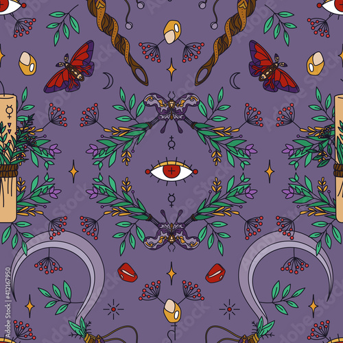 Seamless wicca pattern with candles, sickles, twigs and moths. Herbal healing and shamanism - esoteric print design. Witch of Darkness, Dark magician, Gypsy - pagan and occult seamless ornament