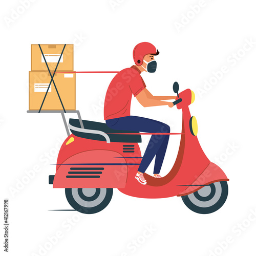 delivery service worker wearing medical mask in motorcycle