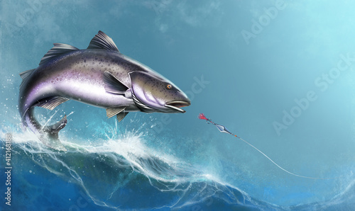 Black Cod, Sablefish attack fish bait jigs and stakes spoon bait jumping out of water illustration isolate realistic. Black Cod fish on the background of the waves of the open ocean.