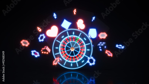 Casino neon background with roulette and poker chips falling 3d rendering