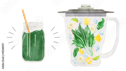 グリーンスムージーの水彩風手描きイラスト