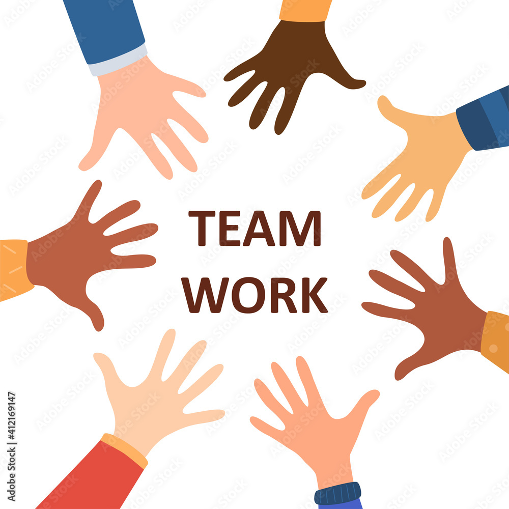 Team work. Diversity hands of different skin tones. United Community. Concept of community, support, social movement, friendship .Vector illustration