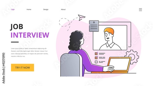 Job interview abstract concept. Woman recruiter interviewing job seeker. Colored outline flat cartoon vector illustration. Website, webpage, landing page template or layout