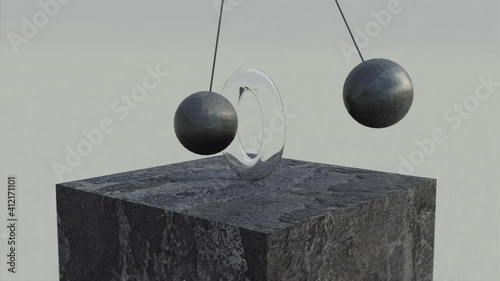 Stone spheres swinging through a rotating ring, seamless animation with geometric shapes objects