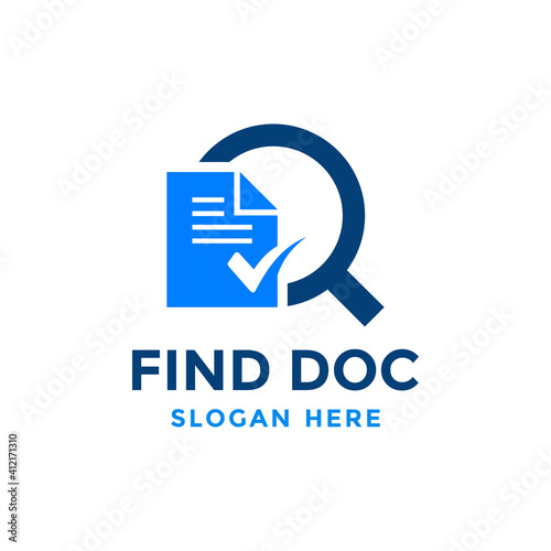 Review search logo design template. Magnifying glass icon with document paper sheet combination. Concept of analysing, correcting, evaluating, surveying, etc.