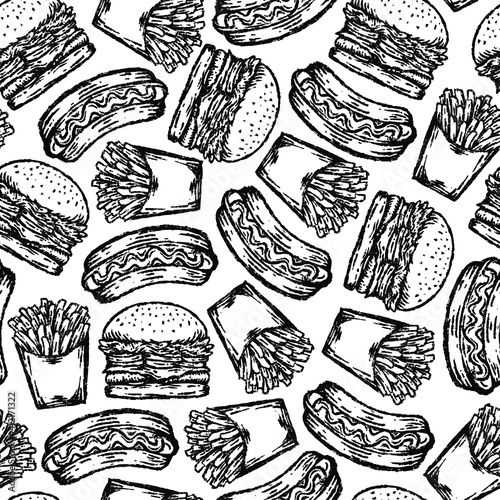 seamless pattern of fast food in drawing style.