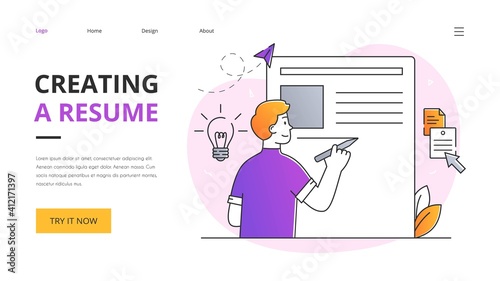Creating a resume abstract concept with a young applicant filling out a CV. Colored outline flat cartoon vector illustration. Website, webpage, landing page template