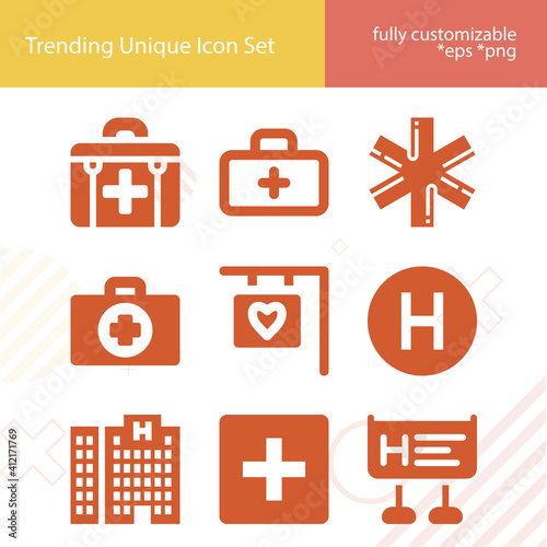 Simple set of burn center related filled icons.