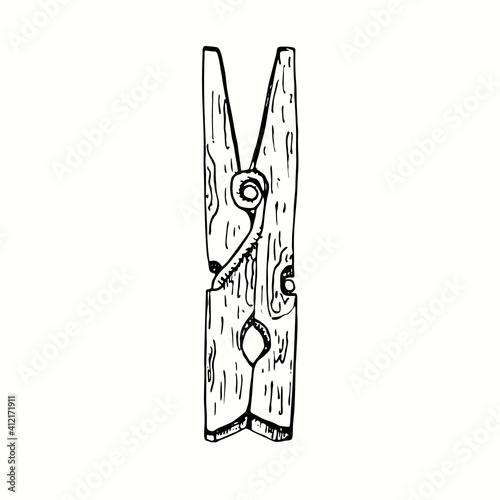 Hand drawn wooden clothespin. Ink black and white drawing. Vector illustration