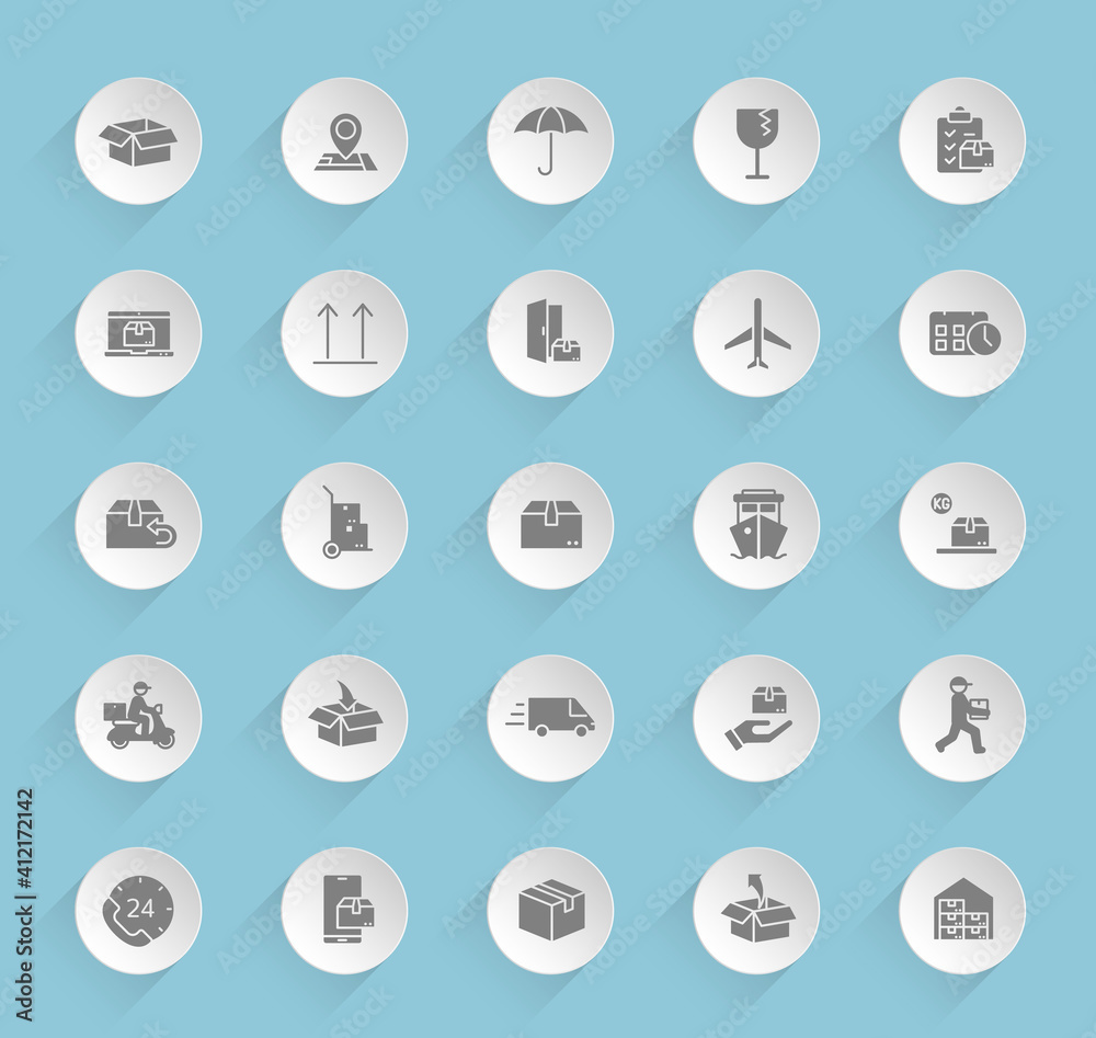 delivery vector icons on round puffy paper circles with transparent shadows on blue background. delivery stock vector icons for web, mobile and user interface design