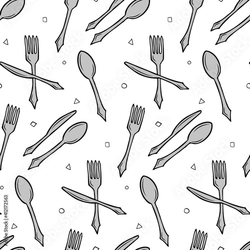Gray cutlery, metal crossed. Spoons and forks with knives are scattered around. With geometric shapes. Seamless repeating pattern of colored isolated objects on a white background. Doodle.