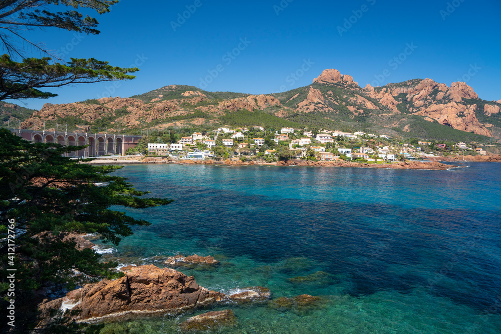 France, Var department, Agay, Village of Agay Among Red Rocks of Esterel Massif