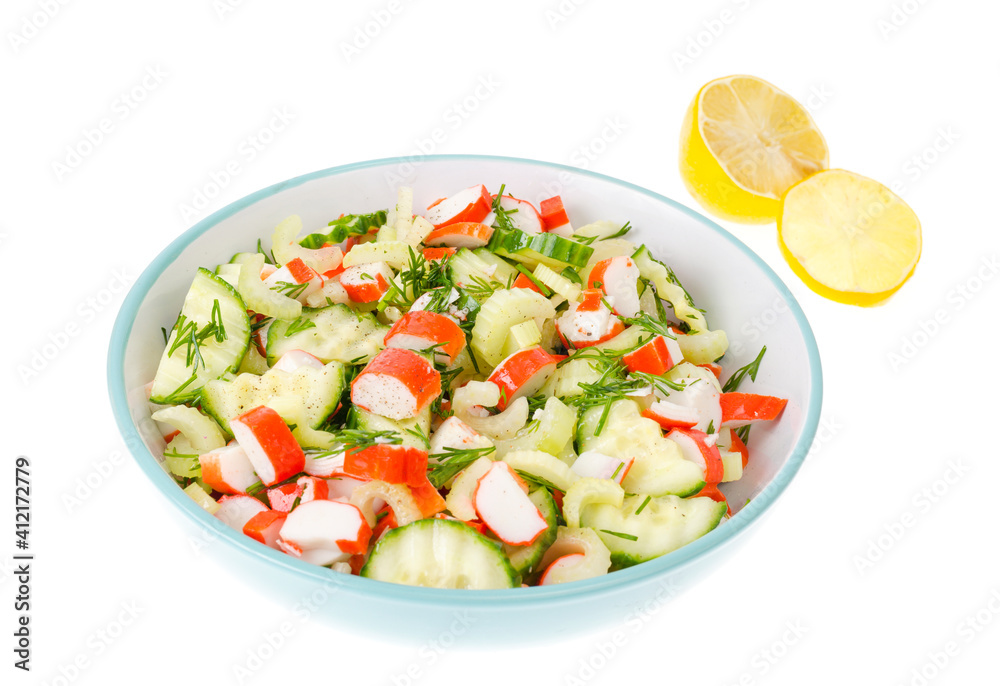 Vegetarian appetizer of cucumber, celery and surimi Vegetarian appetizer of cucumber, celery and surimi
