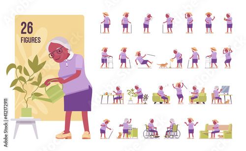 Old black woman set, elderly person with walking cane pose sequences. Senior citizen over 65 years, retired grandmother, old age pensioner. Full length, different views, gestures, emotions, positions