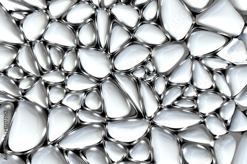 3d Voronoi effect render, abstract white silver fragments, broken background. Polygonal mosaic elements. Split geometric object. Modern minimal design 