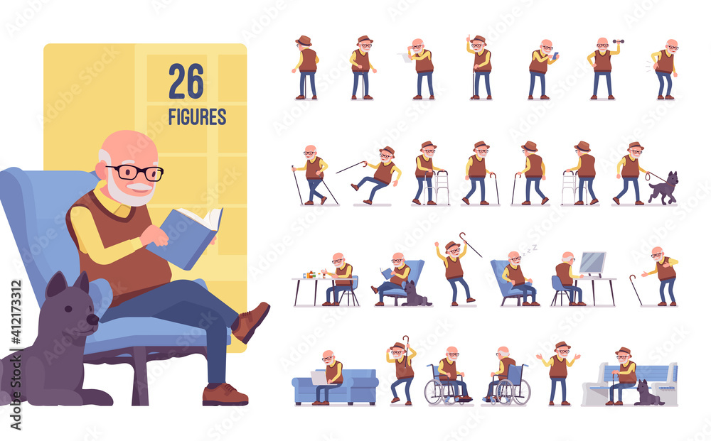 Old man character set, pose sequences. Senior citizen, retired grandfather wearing glasses, old age pensioner, lonely grandpa. Full length, different views, gestures, emotions, positions - obrazy, fototapety, plakaty 
