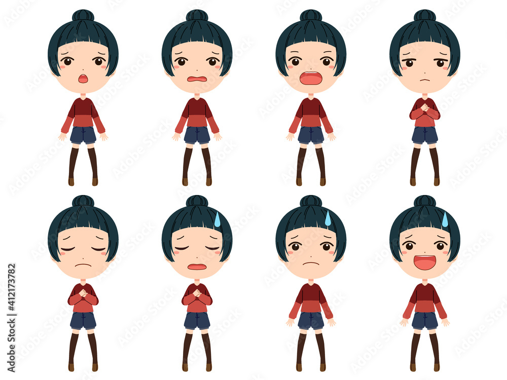 驚いたり落ち込んだり困ったりしている女の子の全身イラストセット 驚いたり落ち込んだり困ったりしている女の子の全身イラストセット