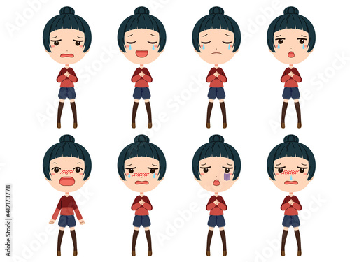 落ち込んだり泣いたり風邪を引いたりしている女の子の全身イラストセット