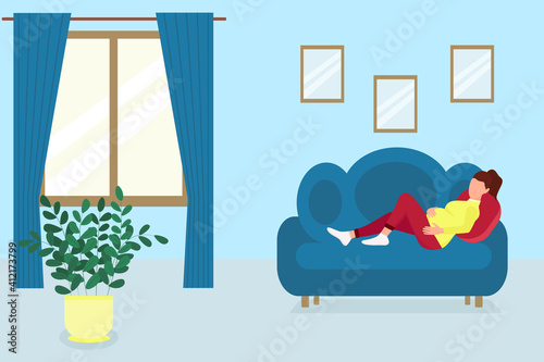 A pregnant woman lies on the couch in the room. Vector pregnant girl resting at home. Flat, concept.