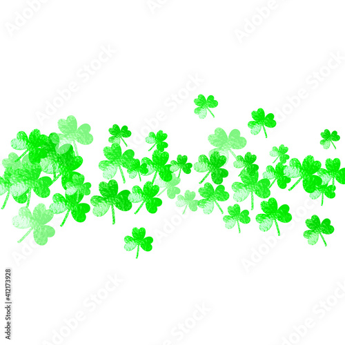 Saint patricks day background with shamrock. Lucky trefoil confetti. Glitter frame of clover leaves. Template for special business offer, banner, flyer. Dublin saint patricks day backdrop.
