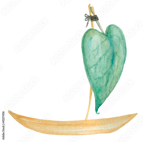 Little Sailing boat with leaf sail.  Isolated on white. Watercolor hand drawn element. Children's illustration.