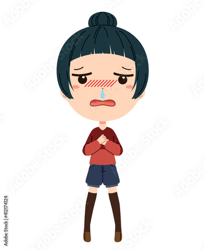 鼻水のたれている風邪を引いた女の子の全身イラスト