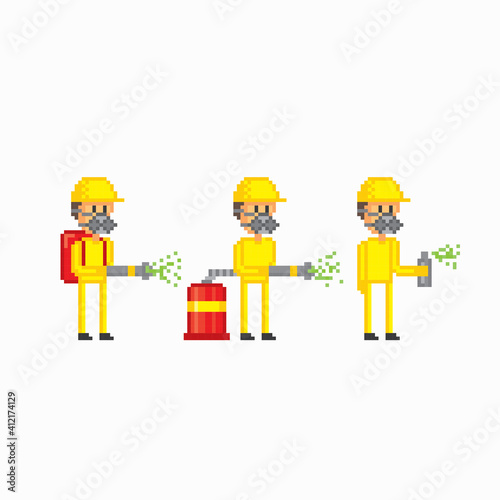 Pests control specialist set. Pixel art. Old school computer graphic. 8 bit video game. Game assets 8-bit sprite. 16-bit.
