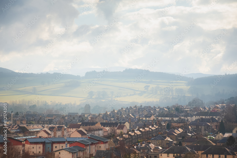 A view over the countryside town of Peebles in the Scottish Borders.
